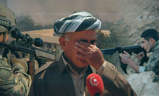 From left: a Turkish soldier, a Duhok villager and a PKK fighter, with the aftermath of a bombardment depicted in the background. Graphic: Rudaw