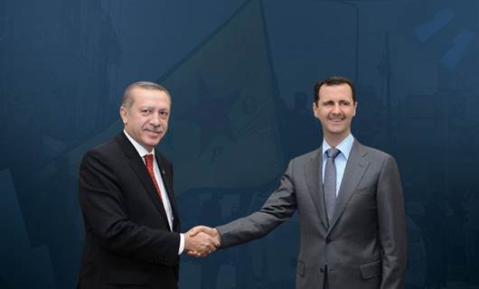 From left: Turkish President Recep Tayyip Erdogan and Syrian President Bashar al-Assad meeting in 2011, with the background image showing people raising YPG flag. Photos: AFP. Graphic: Rudaw