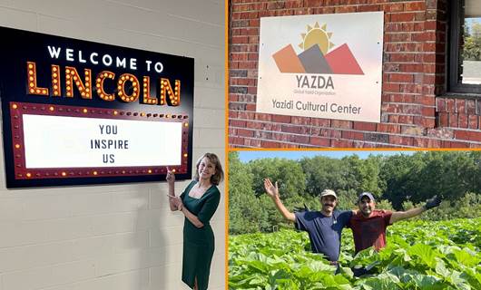 Left: Lincoln Mayor Leirion Gaylor Baird poses with a sign reading ‘Welcome to Lincoln,’; Top right: Yazidi Cultural Centre in Lincoln; Bottom right: Shahab Bashar (right) and another Yazidi farmer pose for a photo at a farm in Lincoln, Nebraska. Photos: submitted and Mayor's office