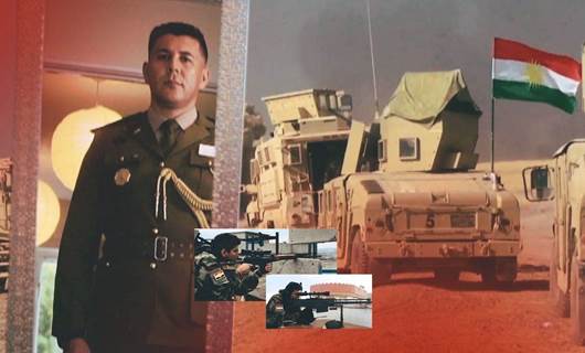 Rebin Rojbayani, an officer at the Peshmerga Ministry and a Peshmerga military vehicle. Graphic: Rudaw