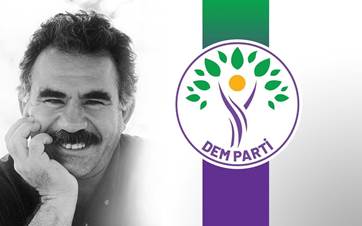 Jailed PKK leader Abdullah Ocalan, and the DEM Party logo. Graphic: Rudaw