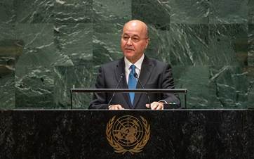 Former Iraqi president Barham Salih addressing the UN General Assembly in New York in 2019. File photo: UN