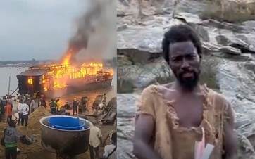 وێنەیەکی ئیبۆ نوح و کەشتییەکی سووتاو. ژنێک دوای ئەوەی هاوژینەکەی بڕوای بە ئیبۆ هێنابوو، چوو کەشتییەکی سووتاند